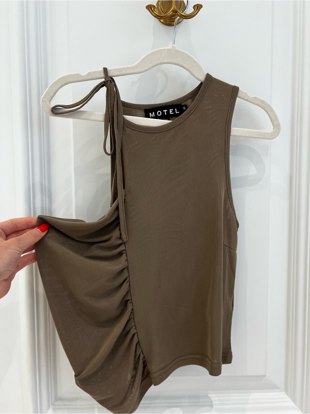 Motel Rocks Ruched One-Shoulder Tank in Olive Brown